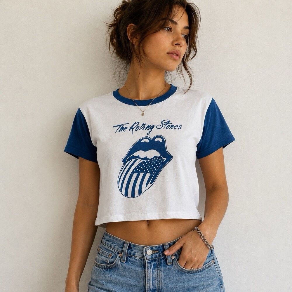 Rolling‎ Stones T Shirt White Blue Ringer Graphic Band Rock Concert Tee Womens S